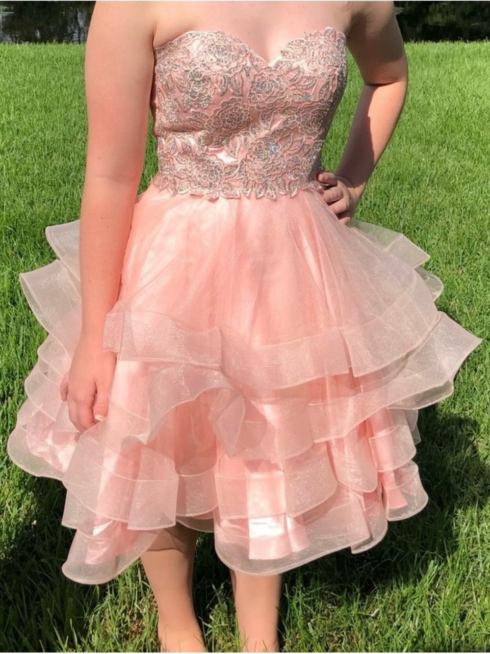 Camille Peachy/Pink Embellished Strapless Ruffle Dress  Size Women’s 2